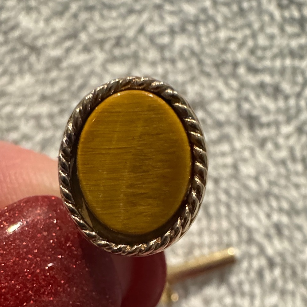 VTG Tiger Eye Gold Tone Lapel Pin Tie Tack Mid Century Cabochon MCM Dapper Gents